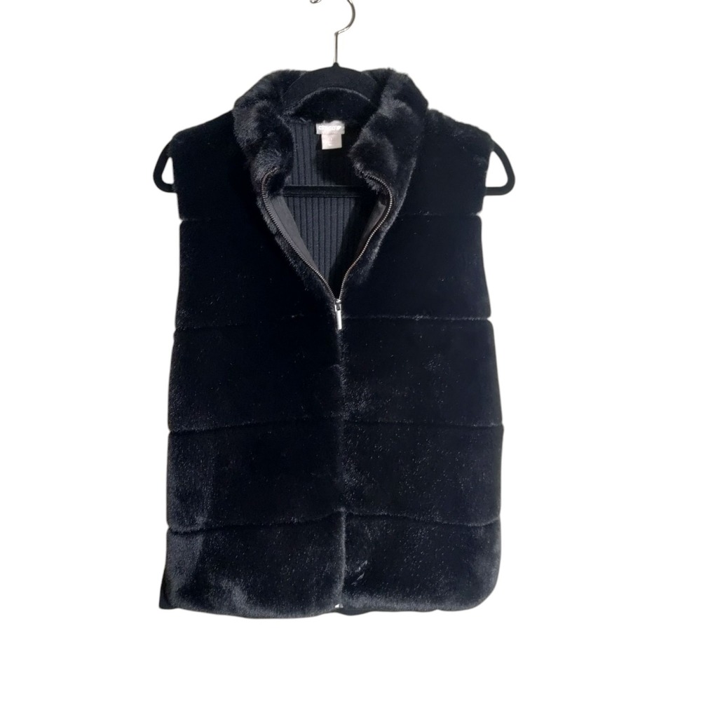 Chicos Black Faux Fur Ribbed Knit Back Vest Full Zip Size 1 M Medium